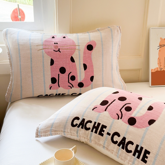 91家纺网 家纺一手货源 找家纺 朴尔家纺-毛巾被 2026新款全棉纯棉多柔AB版定位四层纱布枕巾 粉红猫