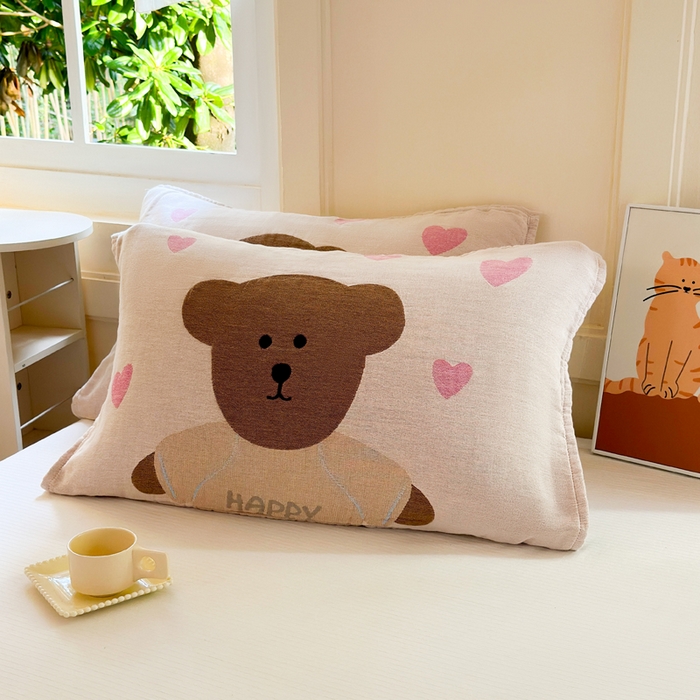 91家纺网 家纺一手货源 找家纺 朴尔家纺-毛巾被 2026新款全棉纯棉多柔AB版定位四层纱布枕巾 桃心熊