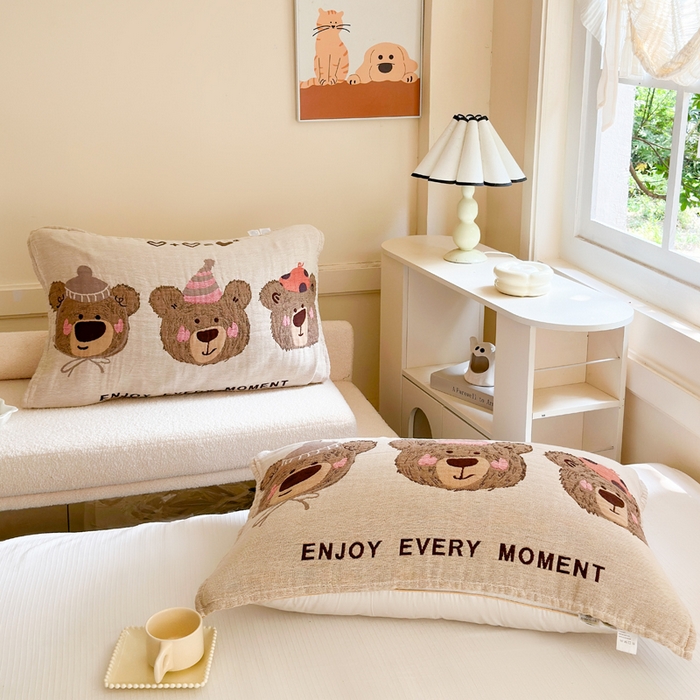 91家纺网 家纺一手货源 找家纺 朴尔家纺-毛巾被 2026新款全棉纯棉多柔AB版定位四层纱布枕巾 熊仔派对