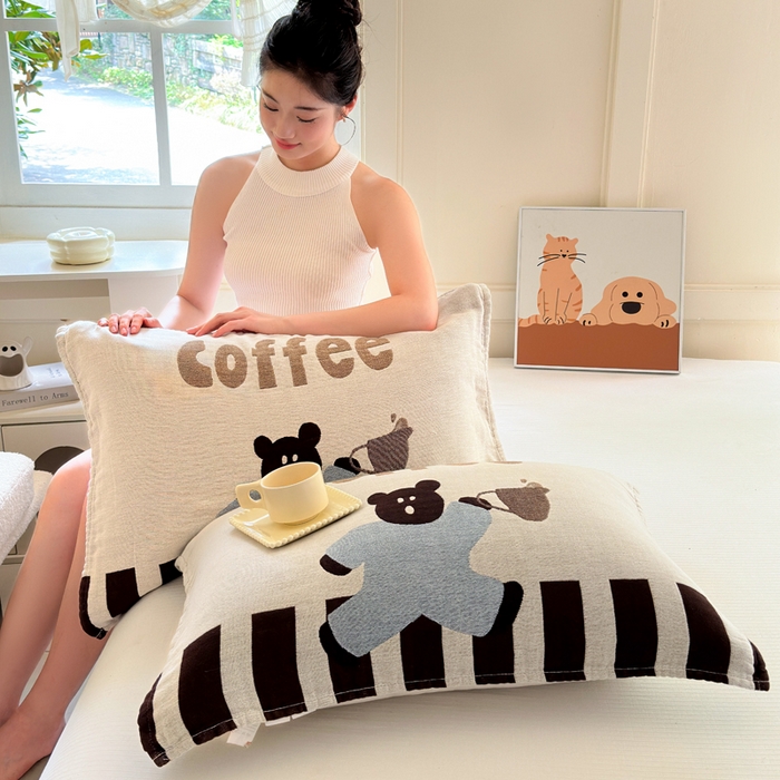 91家纺网 家纺一手货源 找家纺 朴尔家纺-毛巾被 2026新款全棉纯棉多柔AB版定位四层纱布枕巾 咖啡时光