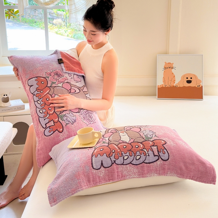 91家纺网 家纺一手货源 找家纺 朴尔家纺-毛巾被 2026新款全棉纯棉多柔AB版定位四层纱布枕巾 玫玫兔