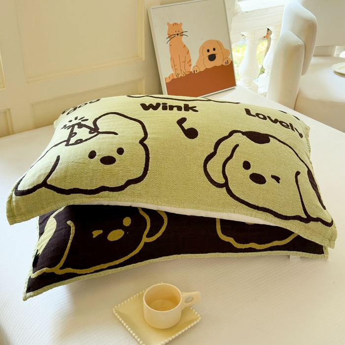 91家纺网 家纺一手货源 找家纺 朴尔家纺-毛巾被 2026新款全棉纯棉多柔AB版定位四层纱布枕巾 嬉皮狗