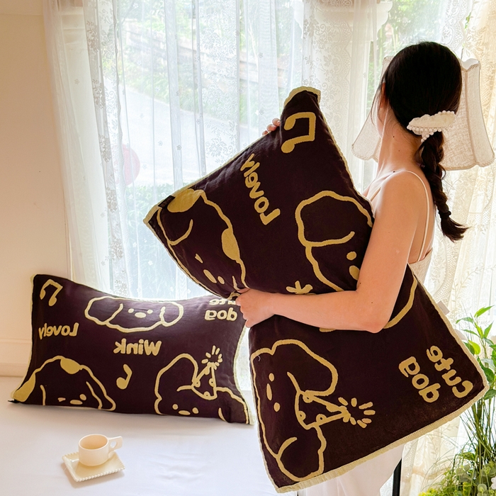 91家纺网 家纺一手货源 找家纺 朴尔家纺-毛巾被 2026新款全棉纯棉多柔AB版定位四层纱布枕巾 嬉皮狗