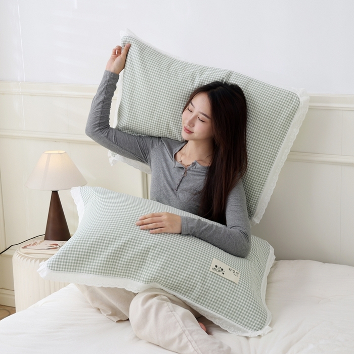 91家纺网 家纺一手货源 找家纺 朴尔家纺-毛巾被 2025新款韩版小碎花边全棉纯棉三层纱布枕巾 韩式小格-绿