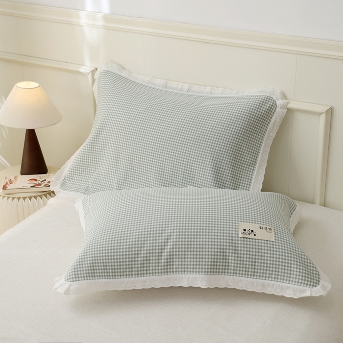 91家纺网 家纺一手货源 找家纺 朴尔家纺-毛巾被 2025新款韩版小碎花边全棉纯棉三层纱布枕巾 韩式小格-绿