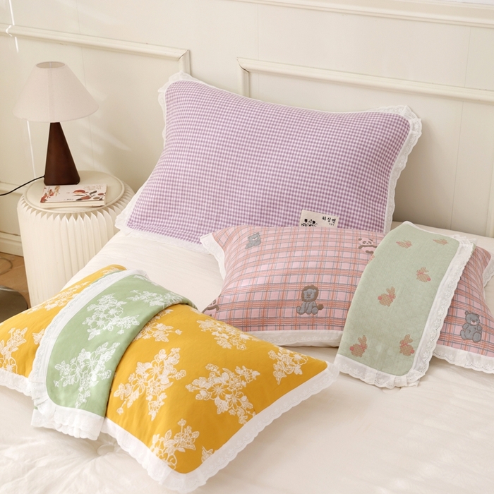 91家纺网 家纺一手货源 找家纺 朴尔家纺-毛巾被 2025新款韩版小碎花边全棉纯棉三层纱布枕巾 组合图（仅供展示不可下单）