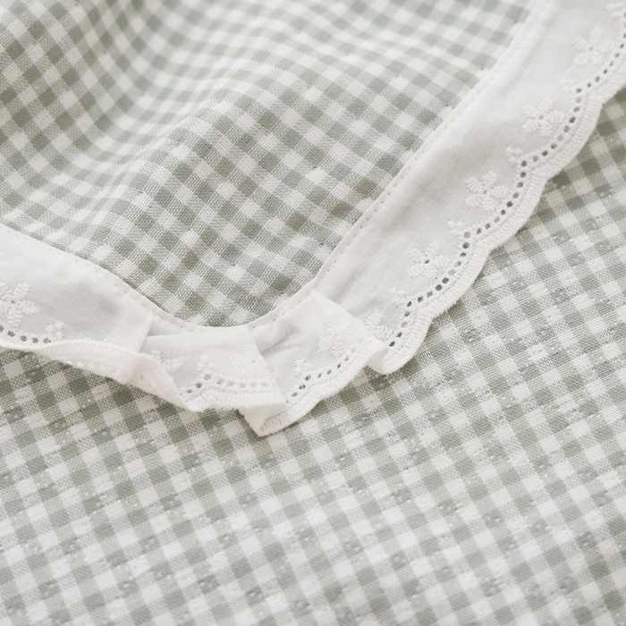 91家纺网 家纺一手货源 找家纺 朴尔家纺-毛巾被 2025新款韩版小碎花边全棉纯棉三层纱布枕巾 韩式小格-绿