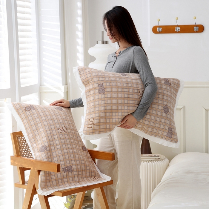 91家纺网 家纺一手货源 找家纺 朴尔家纺-毛巾被 2025新款韩版小碎花边全棉纯棉三层纱布枕巾 动物格-咖