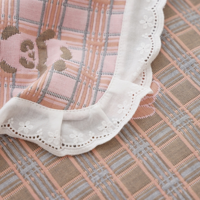 91家纺网 家纺一手货源 找家纺 朴尔家纺-毛巾被 2025新款韩版小碎花边全棉纯棉三层纱布枕巾 动物格-粉