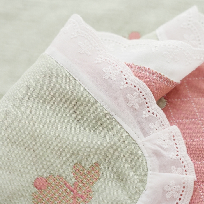 91家纺网 家纺一手货源 找家纺 朴尔家纺-毛巾被 2025新款韩版小碎花边全棉纯棉三层纱布枕巾 领结兔-绿