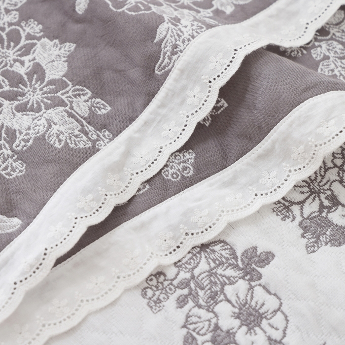 91家纺网 家纺一手货源 找家纺 朴尔家纺-毛巾被 2025新款韩版小碎花边全棉纯棉三层纱布枕巾 芬芳-灰