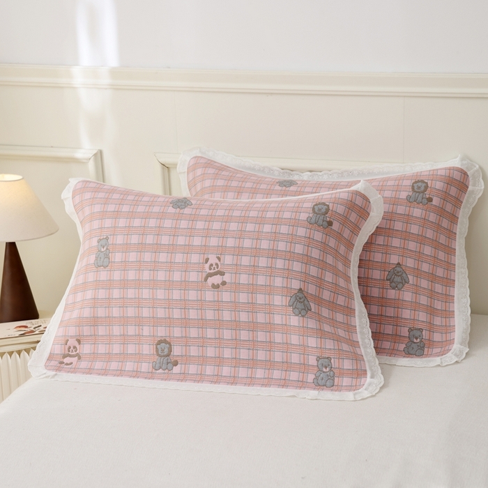 朴尔家纺-毛巾被 2025新款韩版小碎花边全棉纯棉三层纱布枕巾 动物格-粉