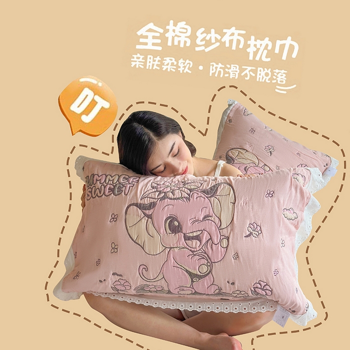 91家纺网 家纺一手货源 找家纺 朴尔家纺-毛巾被 2026新款韩版花边卡通水洗起皱纯棉六层纱布枕巾 夏日至甜