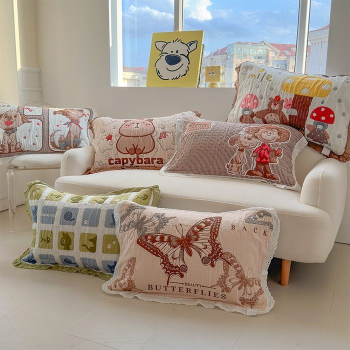 91家纺网 家纺一手货源 找家纺 朴尔家纺-毛巾被 2026新款韩版花边卡通水洗起皱纯棉六层纱布枕巾 组合图（仅供展示不可下单)