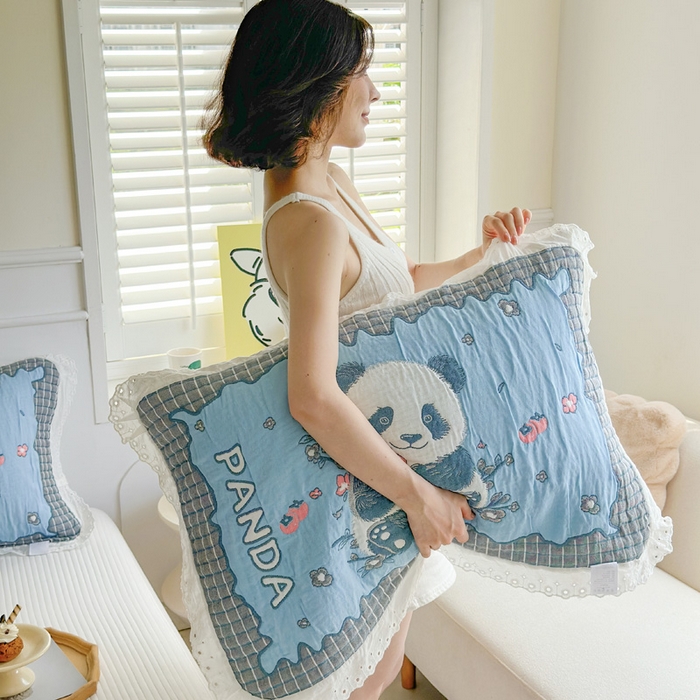 91家纺网 家纺一手货源 找家纺 朴尔家纺-毛巾被 2026新款韩版花边卡通水洗起皱纯棉六层纱布枕巾 花花的世界