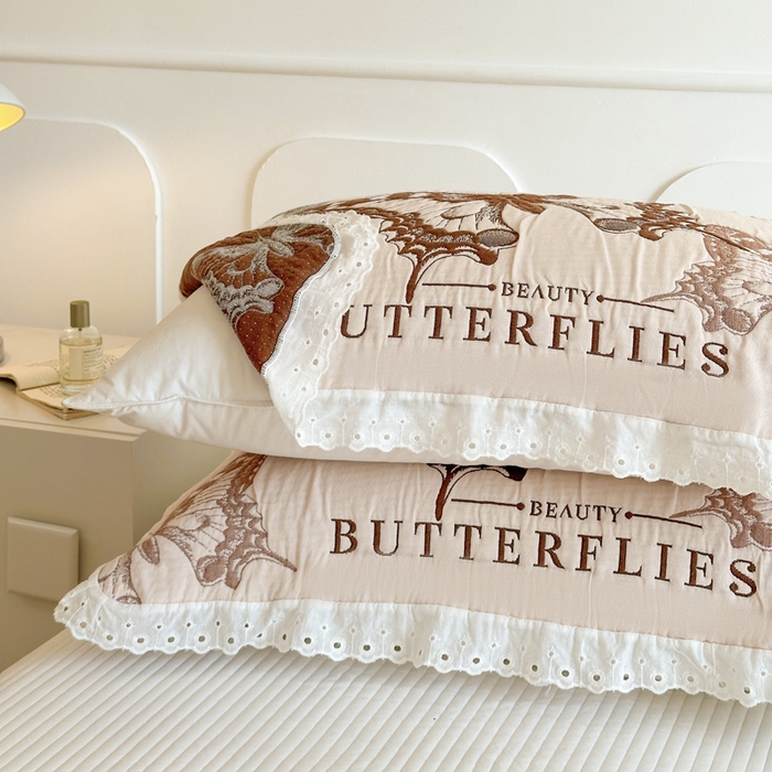 91家纺网 家纺一手货源 找家纺 朴尔家纺-毛巾被 2026新款韩版花边卡通水洗起皱纯棉六层纱布枕巾 蝴蝶谷