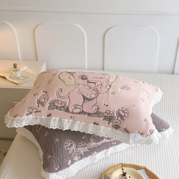 91家纺网 家纺一手货源 找家纺 朴尔家纺-毛巾被 2026新款韩版花边卡通水洗起皱纯棉六层纱布枕巾 夏日至甜