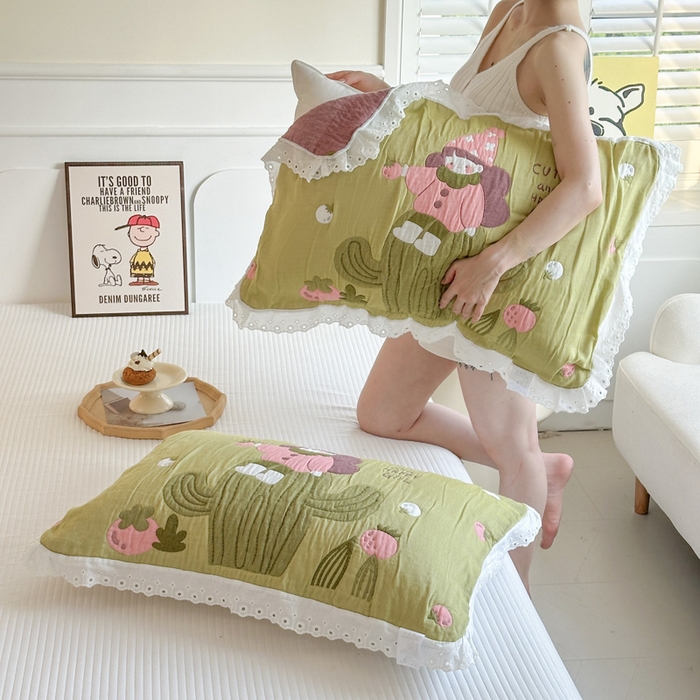 91家纺网 家纺一手货源 找家纺 朴尔家纺-毛巾被 2026新款韩版花边卡通水洗起皱纯棉六层纱布枕巾 精灵女孩