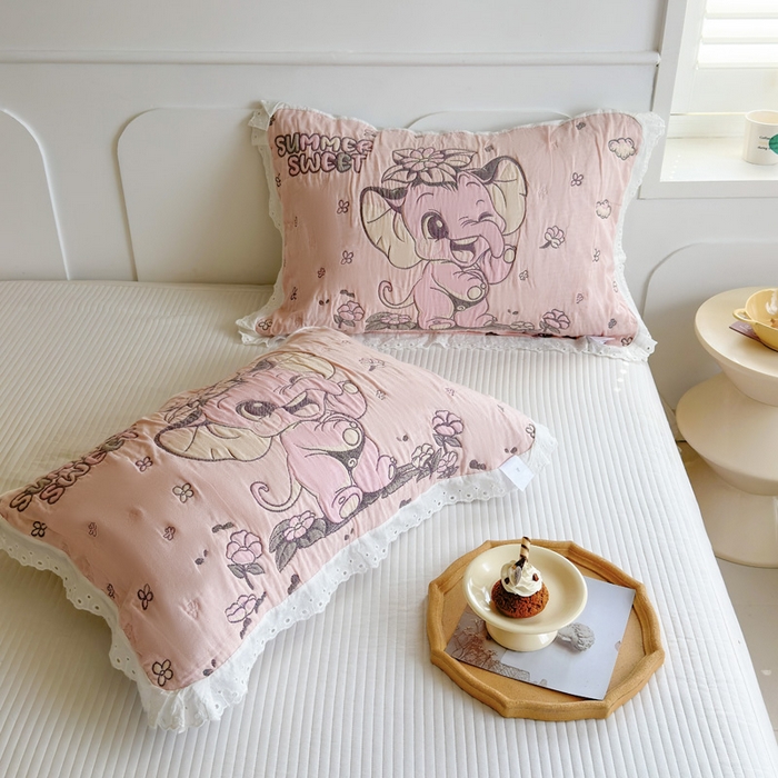 91家纺网 家纺一手货源 找家纺 朴尔家纺-毛巾被 2026新款韩版花边卡通水洗起皱纯棉六层纱布枕巾 夏日至甜