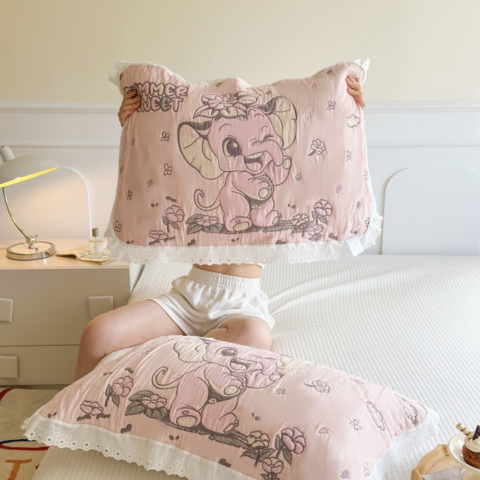 91家纺网 家纺一手货源 找家纺 朴尔家纺-毛巾被 2026新款韩版花边卡通水洗起皱纯棉六层纱布枕巾 夏日至甜