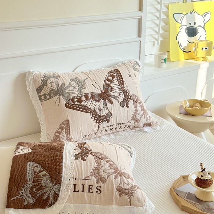 91家纺网 家纺一手货源 找家纺 朴尔家纺-毛巾被 2026新款韩版花边卡通水洗起皱纯棉六层纱布枕巾 蝴蝶谷