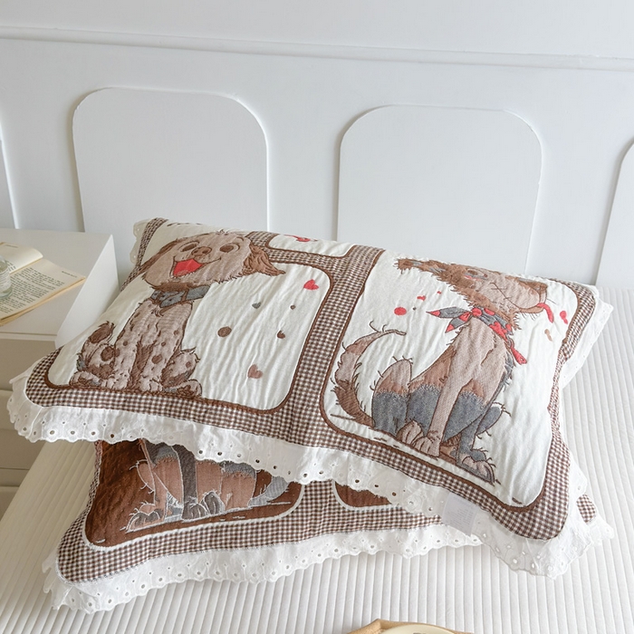 91家纺网 家纺一手货源 找家纺 朴尔家纺-毛巾被 2026新款韩版花边卡通水洗起皱纯棉六层纱布枕巾 摩卡狗狗