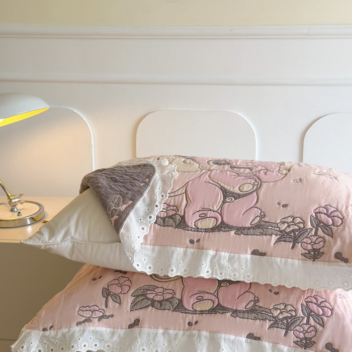 91家纺网 家纺一手货源 找家纺 朴尔家纺-毛巾被 2026新款韩版花边卡通水洗起皱纯棉六层纱布枕巾 夏日至甜