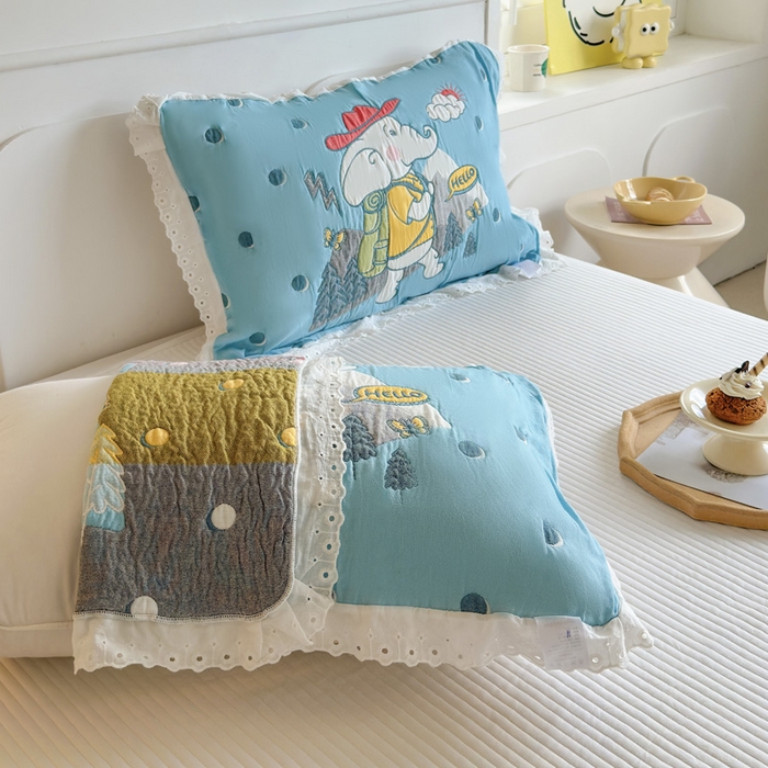 91家纺网 家纺一手货源 找家纺 朴尔家纺-毛巾被 2026新款韩版花边卡通水洗起皱纯棉六层纱布枕巾 徒步小象