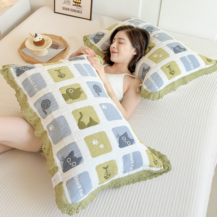 91家纺网 家纺一手货源 找家纺 朴尔家纺-毛巾被 2026新款韩版花边卡通水洗起皱纯棉六层纱布枕巾 猫猫九宫格