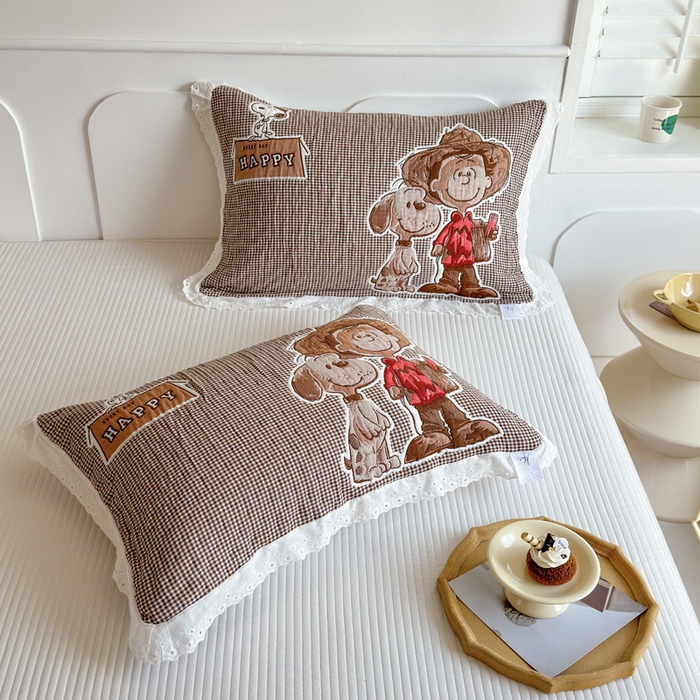 91家纺网 家纺一手货源 找家纺 朴尔家纺-毛巾被 2026新款韩版花边卡通水洗起皱纯棉六层纱布枕巾 溜溜呀