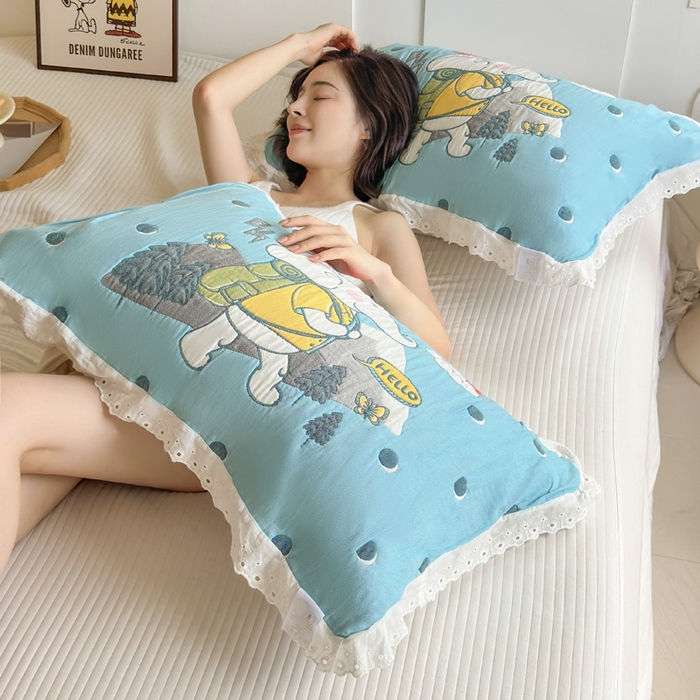 91家纺网 家纺一手货源 找家纺 朴尔家纺-毛巾被 2026新款韩版花边卡通水洗起皱纯棉六层纱布枕巾 徒步小象