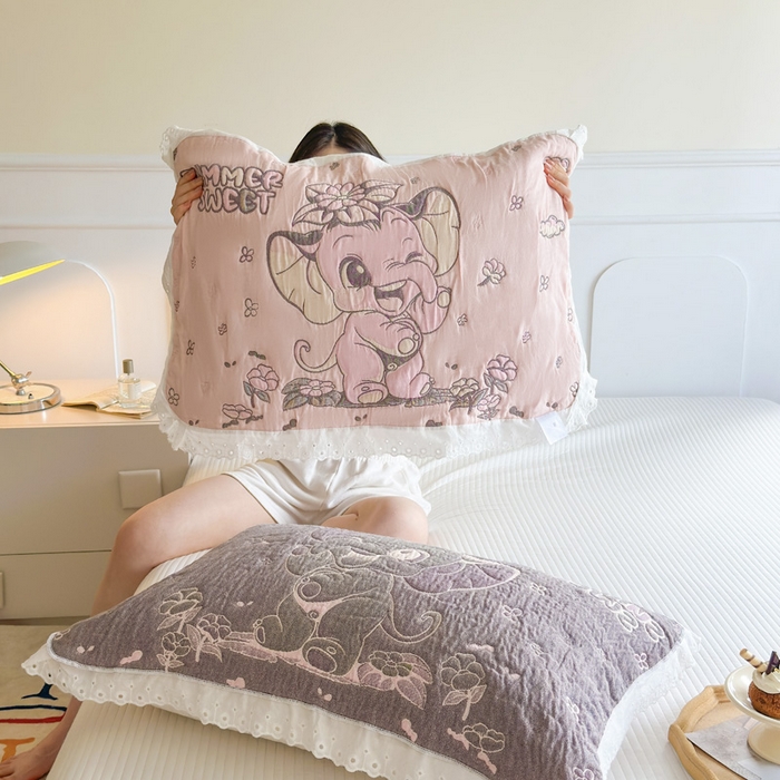 91家纺网 家纺一手货源 找家纺 朴尔家纺-毛巾被 2026新款韩版花边卡通水洗起皱纯棉六层纱布枕巾 夏日至甜