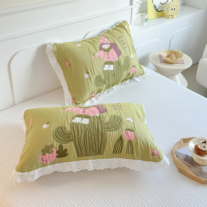 91家纺网 家纺一手货源 找家纺 朴尔家纺-毛巾被 2026新款韩版花边卡通水洗起皱纯棉六层纱布枕巾 精灵女孩