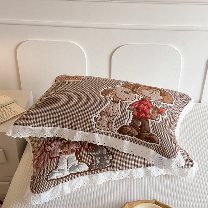 91家纺网 家纺一手货源 找家纺 朴尔家纺-毛巾被 2026新款韩版花边卡通水洗起皱纯棉六层纱布枕巾 溜溜呀