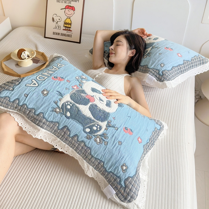 91家纺网 家纺一手货源 找家纺 朴尔家纺-毛巾被 2026新款韩版花边卡通水洗起皱纯棉六层纱布枕巾 花花的世界