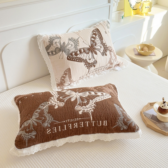 91家纺网 家纺一手货源 找家纺 朴尔家纺-毛巾被 2026新款韩版花边卡通水洗起皱纯棉六层纱布枕巾 蝴蝶谷