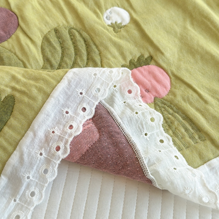 91家纺网 家纺一手货源 找家纺 朴尔家纺-毛巾被 2026新款韩版花边卡通水洗起皱纯棉六层纱布枕巾 精灵女孩