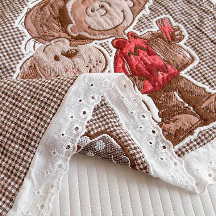 91家纺网 家纺一手货源 找家纺 朴尔家纺-毛巾被 2026新款韩版花边卡通水洗起皱纯棉六层纱布枕巾 溜溜呀