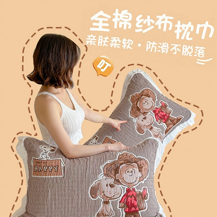 朴尔家纺-毛巾被 2026新款韩版花边卡通水洗起皱纯棉六层纱布枕巾 溜溜呀