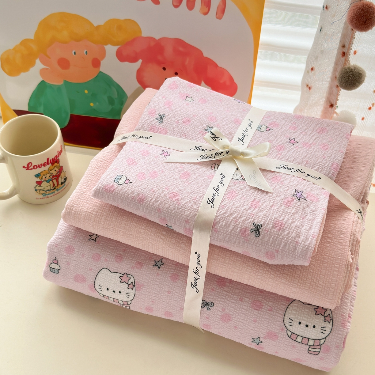 91家纺网 家纺一手货源 找家纺 （总）优承佳生活馆 2026年新款卡通小清新风格高克重超柔软糯泡芙双层纱面料三件套四件套单被套系列