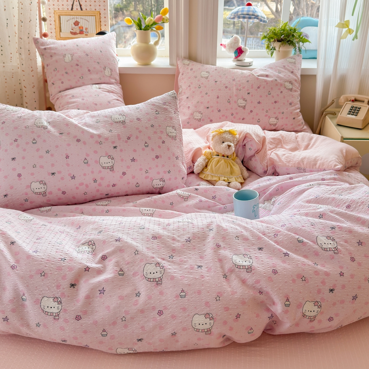 91家纺网 家纺一手货源 找家纺 （总）优承佳生活馆 2026年新款卡通小清新风格高克重超柔软糯泡芙双层纱面料三件套四件套单被套系列