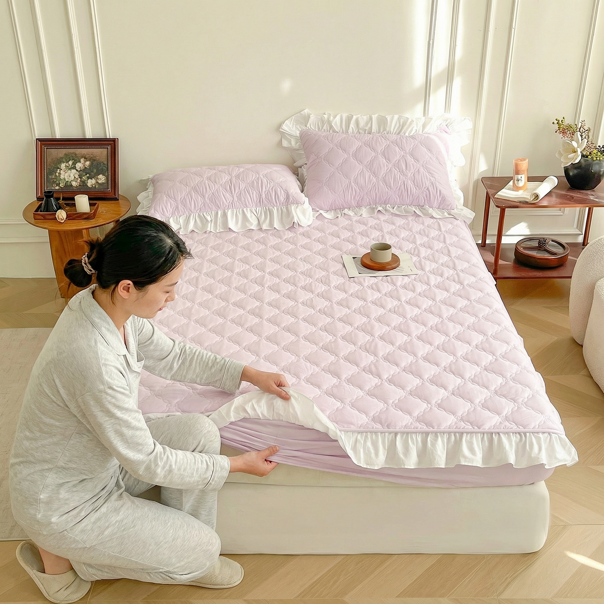 91家纺网 家纺一手货源 找家纺 （总）佳笠家居 2026新款A类全棉40支水洗棉少女风花边棉花床笠-场景图