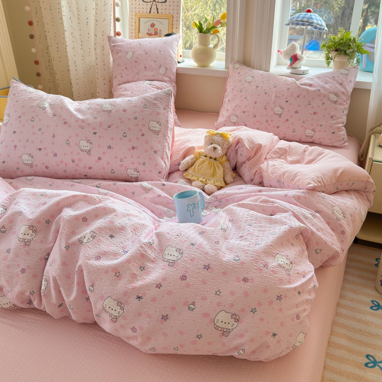 91家纺网 家纺一手货源 找家纺 （总）优承佳生活馆 2026年新款卡通小清新风格高克重超柔软糯泡芙双层纱面料三件套四件套单被套系列