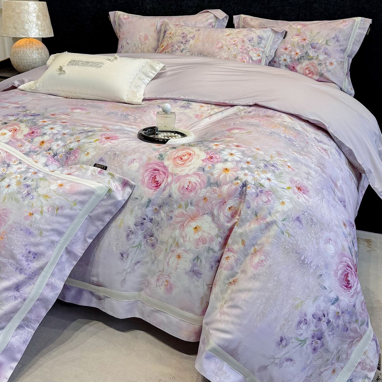 91家纺网 家纺一手货源 找家纺 （总）莱势 2026新款新品100支纯棉全棉50x50s埃及长绒棉数码印花四件套高端礼盒-绽缦系列