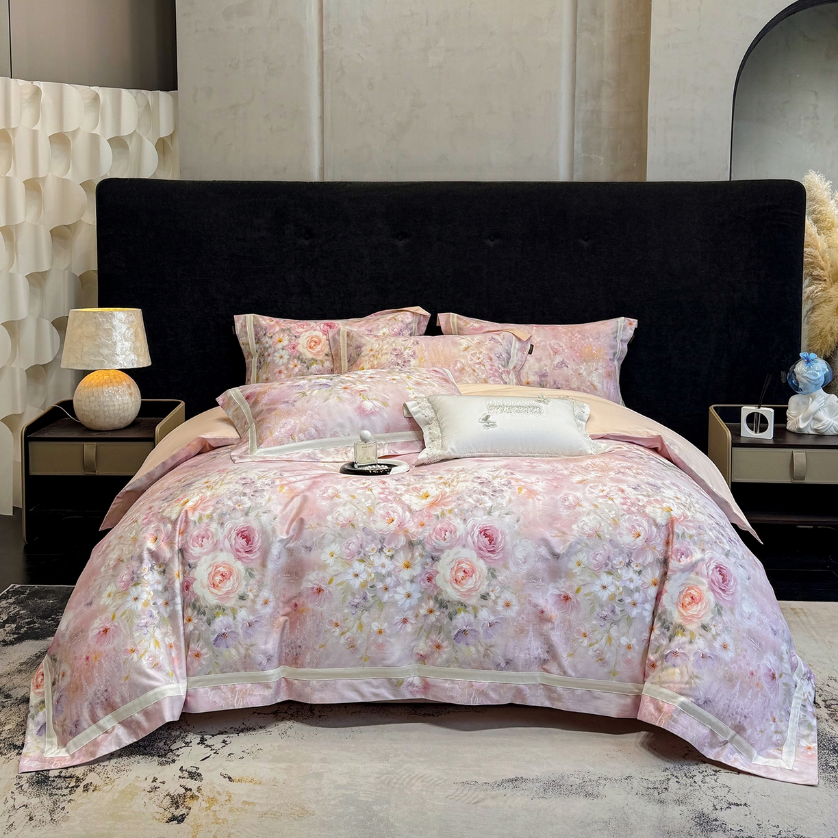 91家纺网 家纺一手货源 找家纺 莱势 2026新款新品100支纯棉全棉50x50s埃及长绒棉刺绣绣花四件套高端礼盒-绽缦系列 绽缦 轻奢粉