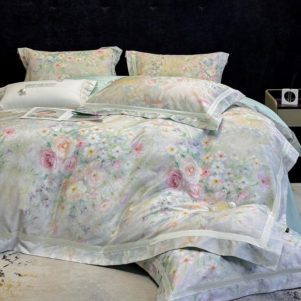 91家纺网 家纺一手货源 找家纺 莱势 2026新款新品100支纯棉全棉50x50s埃及长绒棉刺绣绣花四件套高端礼盒-绽缦系列 绽缦 绿野仙踪