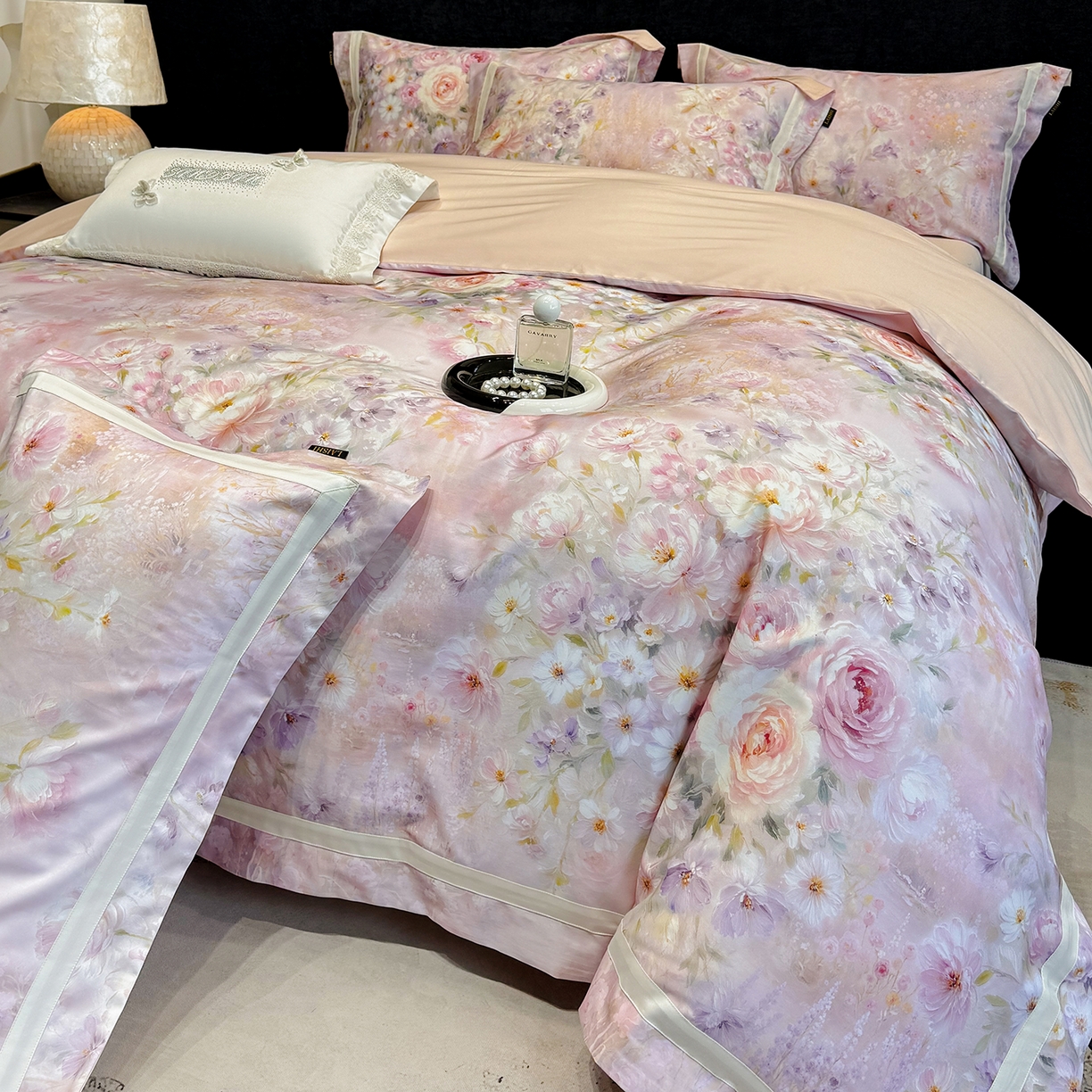 91家纺网 家纺一手货源 找家纺 莱势 2026新款新品100支纯棉全棉50x50s埃及长绒棉刺绣绣花四件套高端礼盒-绽缦系列 绽缦 轻奢粉,绽缦 轻奢粉