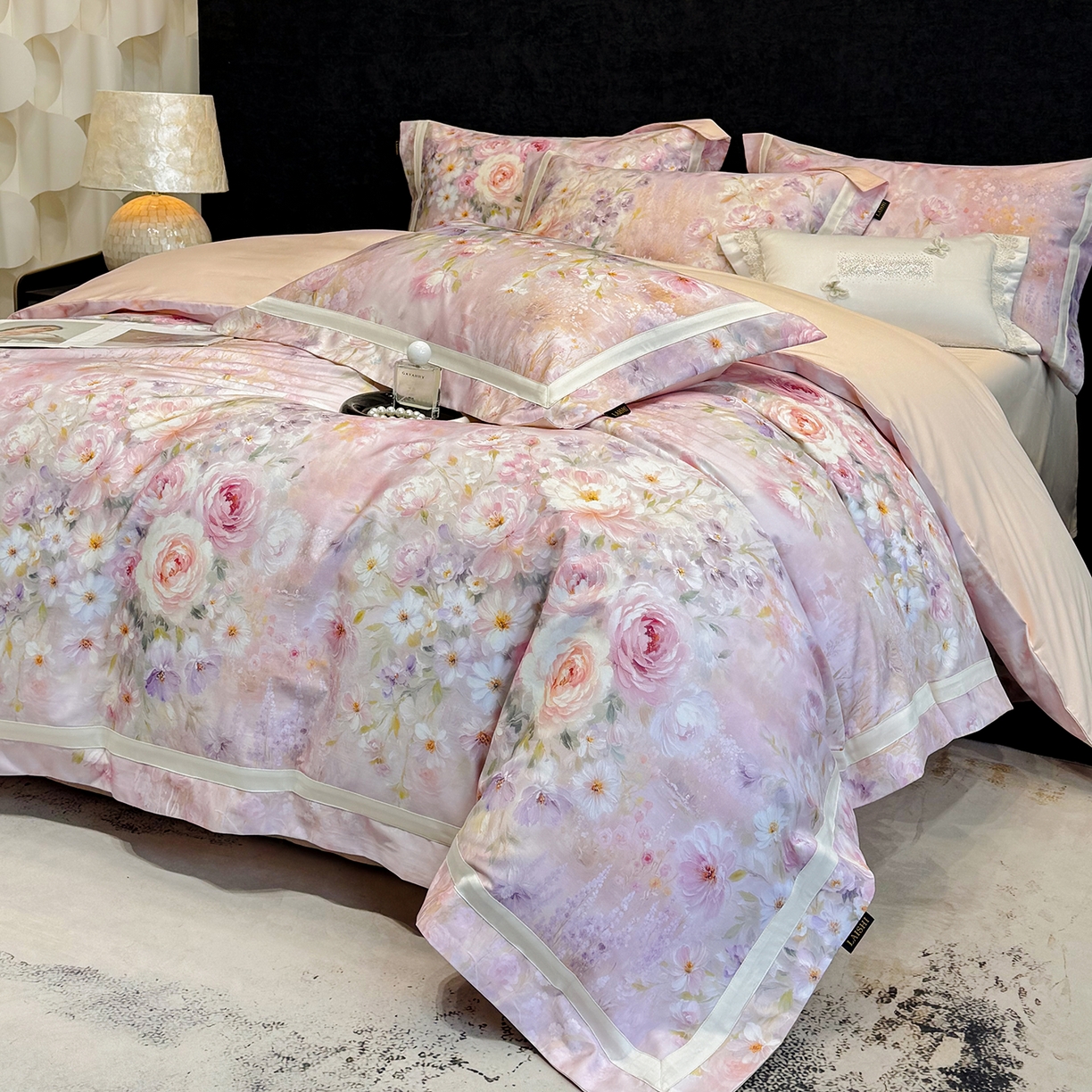 91家纺网 家纺一手货源 找家纺 莱势 2026新款新品100支纯棉全棉50x50s埃及长绒棉刺绣绣花四件套高端礼盒-绽缦系列 绽缦 轻奢粉