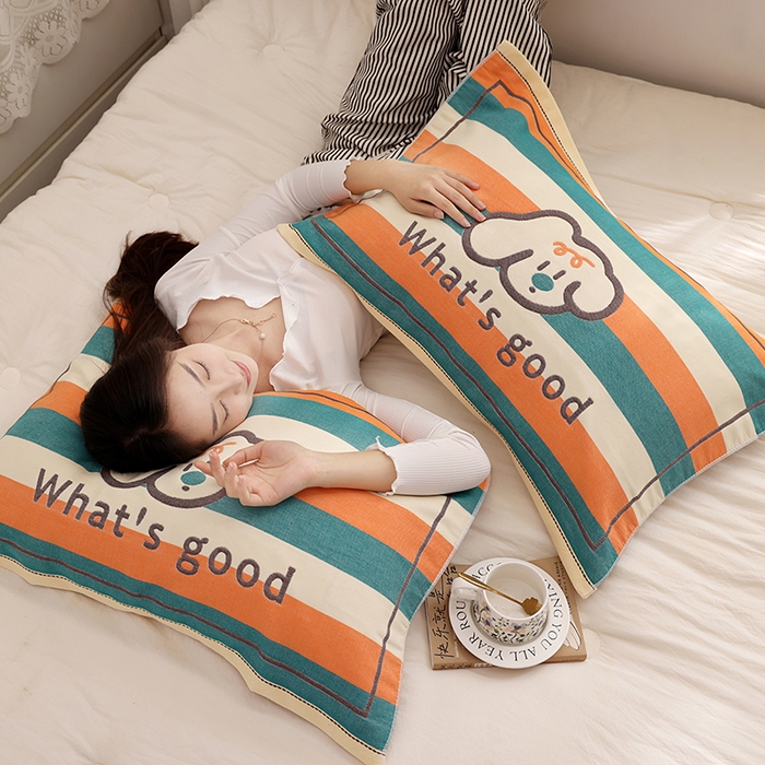 91家纺网 家纺一手货源 找家纺 朴尔家纺-毛巾被 2026新款格致系列全棉纯棉加厚六层纱布枕巾 彩条狗-橘