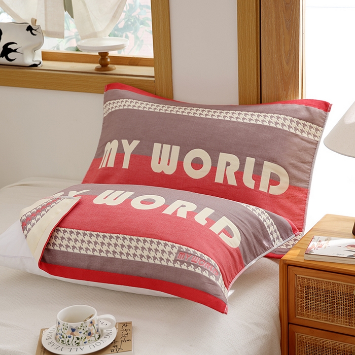 91家纺网 家纺一手货源 找家纺 朴尔家纺-毛巾被 2026新款格致系列全棉纯棉加厚六层纱布枕巾 南法假日-红